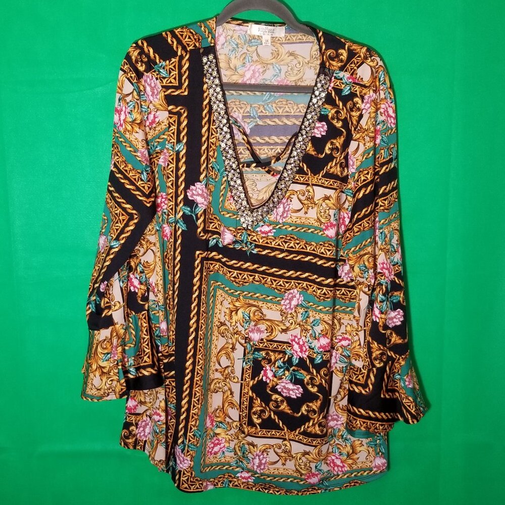 Purple Rain Bell Sleeve Floral Print Sequin Beaded V Neckline Chic Tunic 3X Y2K